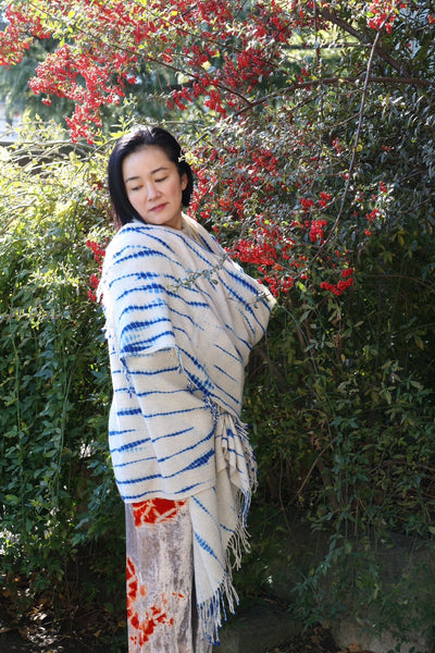 Merino Wool Cashmere Hand Fringed Throw [Royal Blue - Ivory]